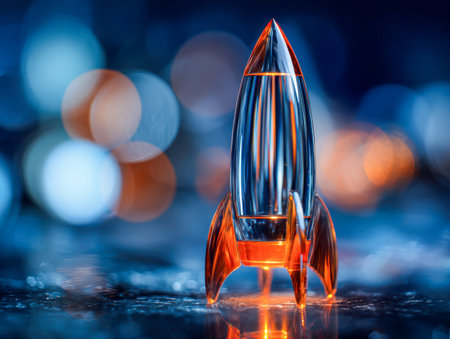 A sleek, high-tech rocket sculpture radiates warm orange illumination, set against a vibrant bokeh backdrop on a glossy night surface, evoking a sense of innovationの写真素材