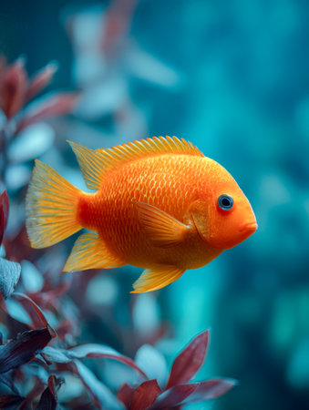 A orange striking fish glides effortlessly past lush green aquatic foliage in a pristine blue water setting, illuminated by gentle sunlight highlighting its shimmeriの写真素材