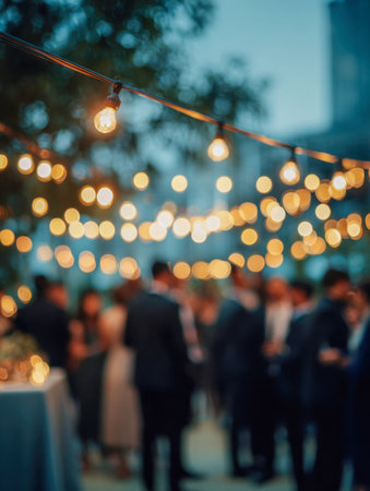 Warm, gentle glow from string lights softly illuminates a sophisticated outdoor soir?e beneath leafy canopies, as guests mingle gracefully in an intimate setting.の写真素材