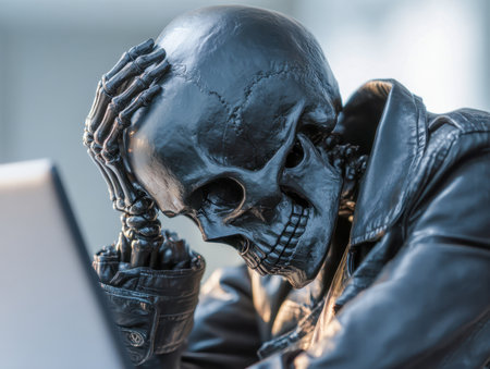 A mysterious skeletal silhouette clad in sleek black leather, seated pensively in a contemporary environment, conveying introspection amid a softly blurred backgrounの写真素材