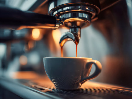Warm-toned ambiance highlights a barista expertly streaming deep, aromatic espresso into a pristine white cup, creating a comforting cafe atmosphere for true coffeeの写真素材