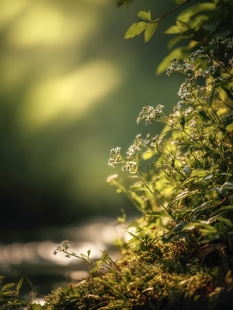 Vibrant wildflowers glow softly in the morning light, surrounded by lush greenery, with a tranquil stream blurring the gentle scene into a peaceful natural setting.の写真素材