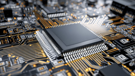 A close-up of a sleek, advanced circuit masterpiece showcasing a central microprocessor surrounded by complex shimmering gold and silver traces, embodied cutting-edの写真素材