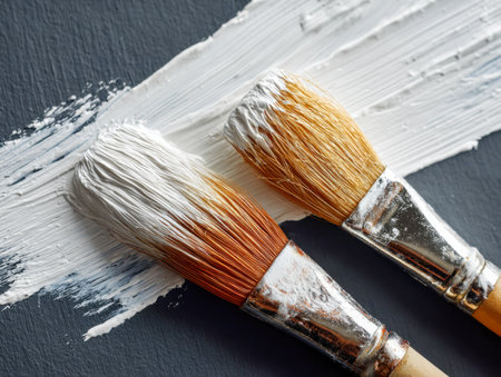 Vibrant brush tips coated in fresh white paint lie on a deep-toned surface, surrounded by spontaneous strokes that celebrate creativity and artistic exploration.の写真素材