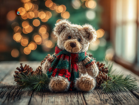 A cuddly teddy bear donning a cheerful holiday scarf rests on a weathered wooden surface, embraced by pine greens, festive ornaments, and glowing string lights.の写真素材
