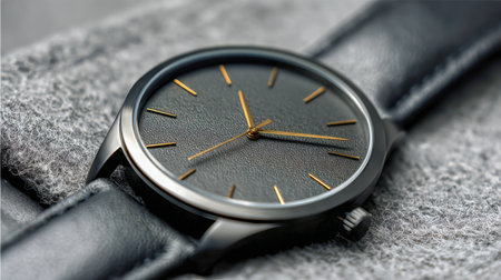 A sophisticated men's timepiece featuring sleek gold accents and a classic leather band, set against a plush gray fabric for a refined accessory display.の写真素材