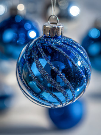 A shimmering azure bauble with intricate glittering swirls graces a festive scene, surrounded by softly blurred ornaments in a joyful winter ambiance.の写真素材