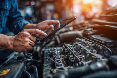 A technician examines a vehicle's intricate engine parts while consulting a digital device, illuminated by natural light that highlights the workshop's detailed machの写真素材