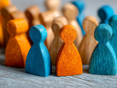 Brightly painted wooden figurines of various colors and shapes form a united group, symbolizing harmony and collective effort on an aged wooden surface with soft-focの写真素材