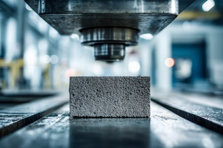 A robust concrete sample undergoes compression testing within a sleek, high-tech laboratory, highlighting advanced engineering methods for assessing material durabilの写真素材
