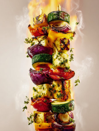 Juicy, charred vegetables and creamy paneer on skewers bubble over open flames, mingling fragrant herbs and smoky hues in a vivid, vertical shot.の写真素材