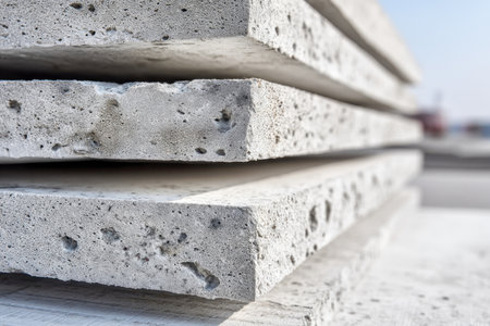 Weathered concrete blocks with porous surfaces and rugged appearance are carefully stacked outside, illuminated by bright sunlight.の写真素材