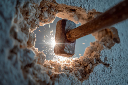 A robust hammer crashes into a concrete wall under a clear sky, sending sparks and jagged debris flying as the force breaks through the surface with intensity.の写真素材