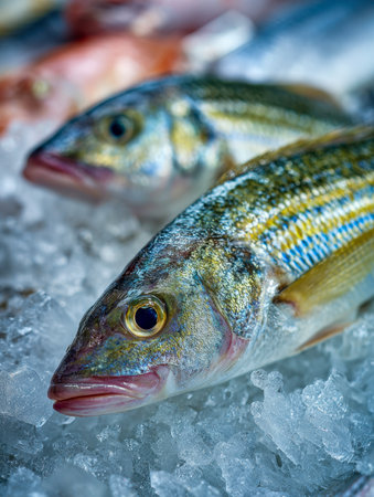 Vibrant, glistening fish with bold striped patterns rest on a chilled ice bed, showcasing shimmering scales and piercing eyes that evoke freshness and quality.の写真素材