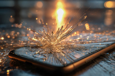 A broken smartphone display exhibits a vivid fracture pattern, with jagged glass radiating outwardly, reflecting a soft golden hue that emphasizes the intensity of dの写真素材