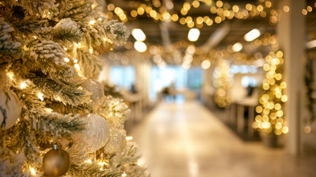 Cozy workspace illuminated by soft string lights, featuring a shimmering frosted tree with refined ornaments, evoking warm holiday cheer and seasonal charm.の写真素材