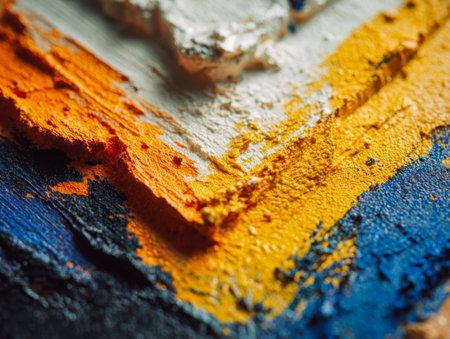 An energetic composition of vivid colors with thick brushstrokes in blue, orange, white, and yellow, evoking movement and emotion in a captivating art piece.の写真素材