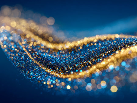Dynamic waves of luminous gold and azure sparkles cascade across a deep navy backdrop, accented by soft bokeh lighting, evoking energy and elegance.の写真素材