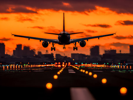 A sleek airplane descends toward a glowing runway as the sun sets, casting warm oranges and reds across the sky, with city skyscrapers darkened in the distance.の写真素材