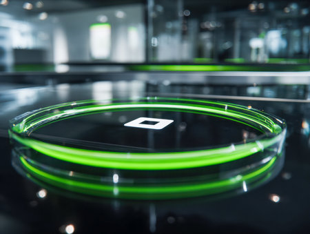 A sleek, high-tech glass container glowing with a vibrant green led ring, set against a glossy black surface, perfect for cutting-edge scientific research.の写真素材