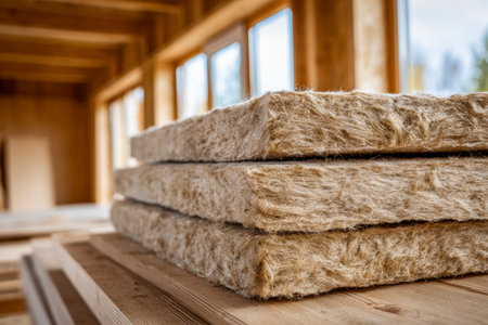 Sunlit interior with neatly arranged natural fiber insulation panels, highlighting eco-conscious construction in a warm, wooden-beamed setting.の写真素材