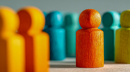 An orange wooden figure commands attention within a vibrant crowd of diverse wooden individuals, highlighting themes of uniqueness, guidance, and confident leadershiの写真素材