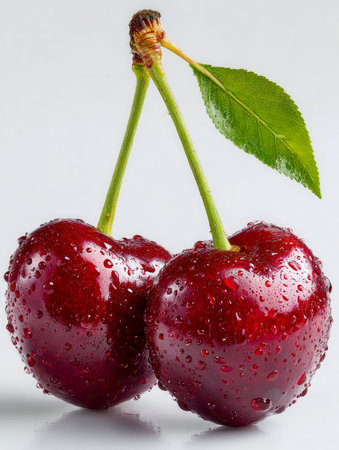 Juicy cherries with dewy surfaces and vibrant green stems rest gently against a pristine white background, evoking freshness and natural vitality.の写真素材