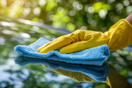 A hand clad in vibrant yellow gloves reaches out to polish a glaming surface, bathed in crisp natural sunlight that highlights its smooth, reflective finish.の写真素材