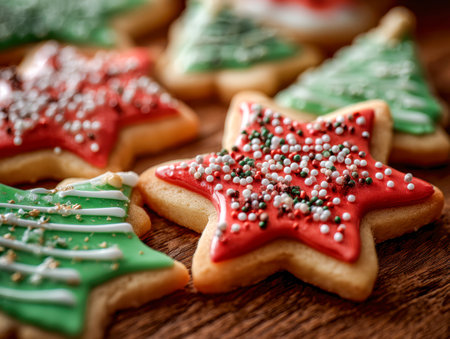 Vibrant holiday-themed cookies adorned with bright icing and sprinkles, showcasing red star and green tree shapes, arranged on a rustic wooden backdrop for festive cの写真素材