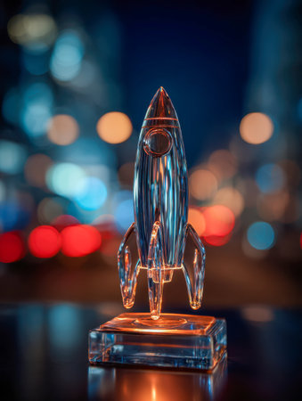 A luminous crystal masterpiece resembling an advanced spacecraft rests on a mirrored plane, set against a vibrant tapestry of cityscape lights evoking a lively nightの写真素材