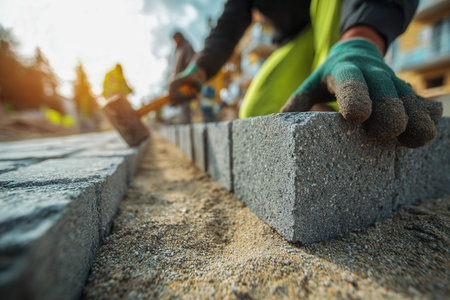 Bright sunlight bathes workers in helmets and vests skillfully installing textured stone tiles over a sandy surface, shaping a lasting outdoor path.の写真素材