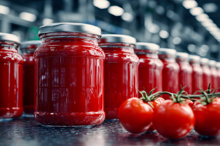 Vibrant red sauces glisten in pristine glass containers lined up neatly on a sleek surface, with plump ripe tomatoes nearby, all under bright industrial lighting.の写真素材