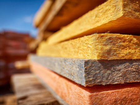 Vibrant, multi-layered insulation panels with tactile textures are neatly stacked on a rustic wooden table outdoors, illuminated by bright sunlight with a softly bluの写真素材
