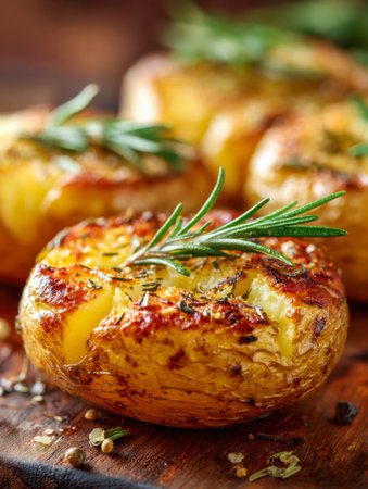 Golden, crunchy roasted potatoes infused with fragrant herbs and sprigs of fresh rosemary, artistically arranged on a weathered wooden surface perfect for sharing.の写真素材