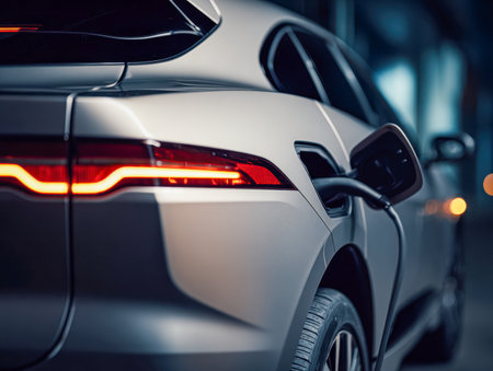 A futuristic electric car rests at a nighttime charging station, its vivid taillights tracing a dynamic glow that emphasizes eco-friendly progress and cutting-edge mの写真素材