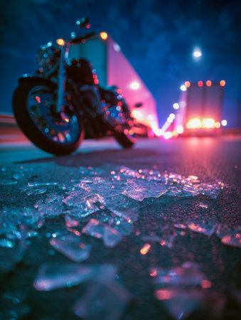 Fragments of glass glitter under dim streetlights as a speeding motorcycle blurs past, while a luminous truck dominates the scene?s dark, brooding atmosphere.の写真素材