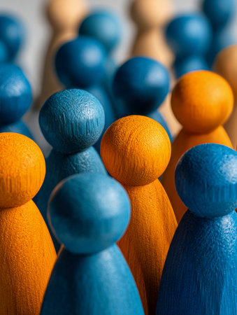 Colorful wooden figures in blue and orange foster unity and collaboration, capturing vibrant social exchanges within a diverse, energetic group environment.の写真素材