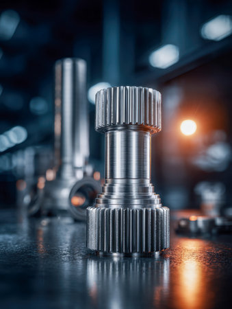 A meticulously crafted metal gear shaft rests on a sturdy workbench, illuminated by intense lighting that accentuates its sleek design amid a high-tech factory envirの写真素材