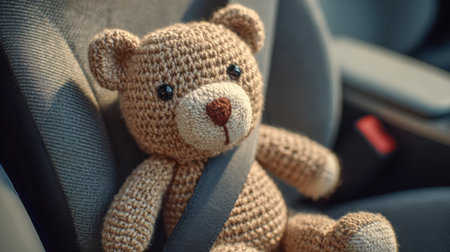 A cozy, handcrafted teddy bear gently strapped in with a seatbelt, nestled on a sleek car seat inside a contemporary vehicle, emphasizing security and warmth for youの写真素材