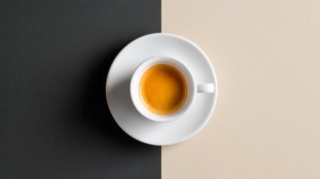 A minimalist composition showing a pristine porcelain espresso cup and saucer centered against a striking monochrome split background, highlighting elegance and bの写真素材