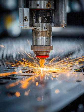 A high-tech machine emits a vivid burst of sparks as it skillfully sculpts sleek metal sheets, showing advanced manufacturing in a contemporary setting.の写真素材