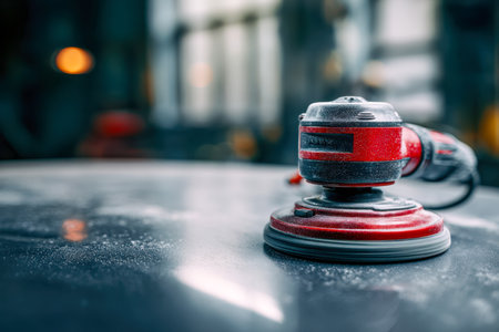 A vibrant red electric polisher expertly smooths a reflective metal surface under gentle ambient lighting, with an out-of-focus industrial setting enhancing the profの写真素材