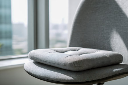 A plush gray cushion rests on a sleek ergonomic chair, bathed in natural sunlight, overlooking a distant city skyline that adds warmth and focus to a inviting workspの写真素材