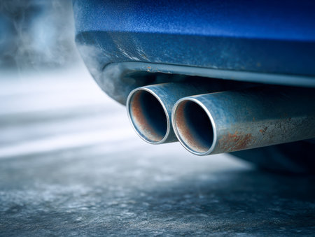 A vehicle's rear exhaust outlets release smoky fumes against a crisp winter backdrop, with icy frost blanketing the ground, capturing a cold, quiet atmosphere.の写真素材