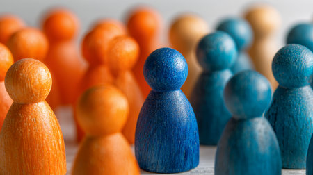 Vibrant wooden figures in vivid blue and orange hues face off in balanced clusters, illustrating the interplay of influence, collaboration, and group synergy in a coの写真素材