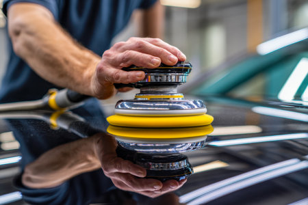 A skilled technician expertly polishes a sleek black vehicle, focusing on achieving a mirror-like finish amid a modern workshop setting.の写真素材