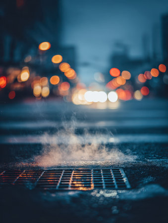 Vapor escapes from a drain in the dimming cityscape, while vibrant lights and car beams blur in the background, evoking a mysterious, atmospheric night scene.の写真素材
