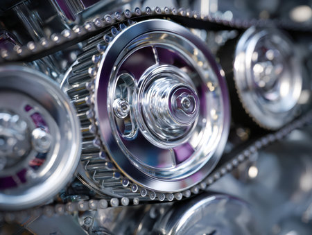 Close-up of gleaming metal gears interconnected with a finely crafted chain, illustrating meticulous craftsmanship and complex mechanical systems in an industrial enの写真素材