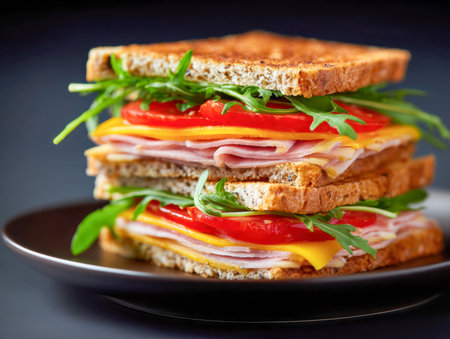 A hearty multi-layered sandwich on textured ceramic, showcasing savory ham, juicy tomato, and vibrant arugula over dark backdrop.の写真素材