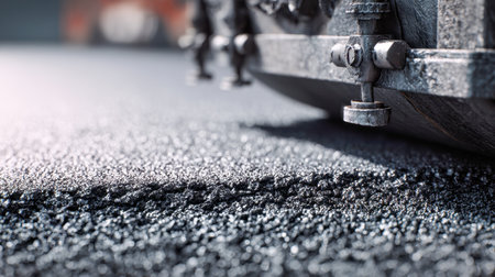 A heavy-duty compaction machine presses down on smooth, newly paved asphalt under a clear, sunny sky, showcasing intricate surface textures and construction precisioの写真素材